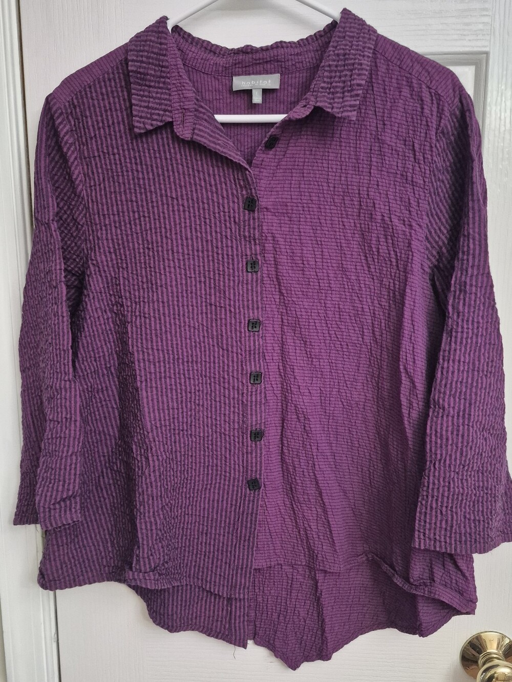 Habitat Clothes To Live In Purple Striped Crinkle Button Down Top Size L Lagenlo